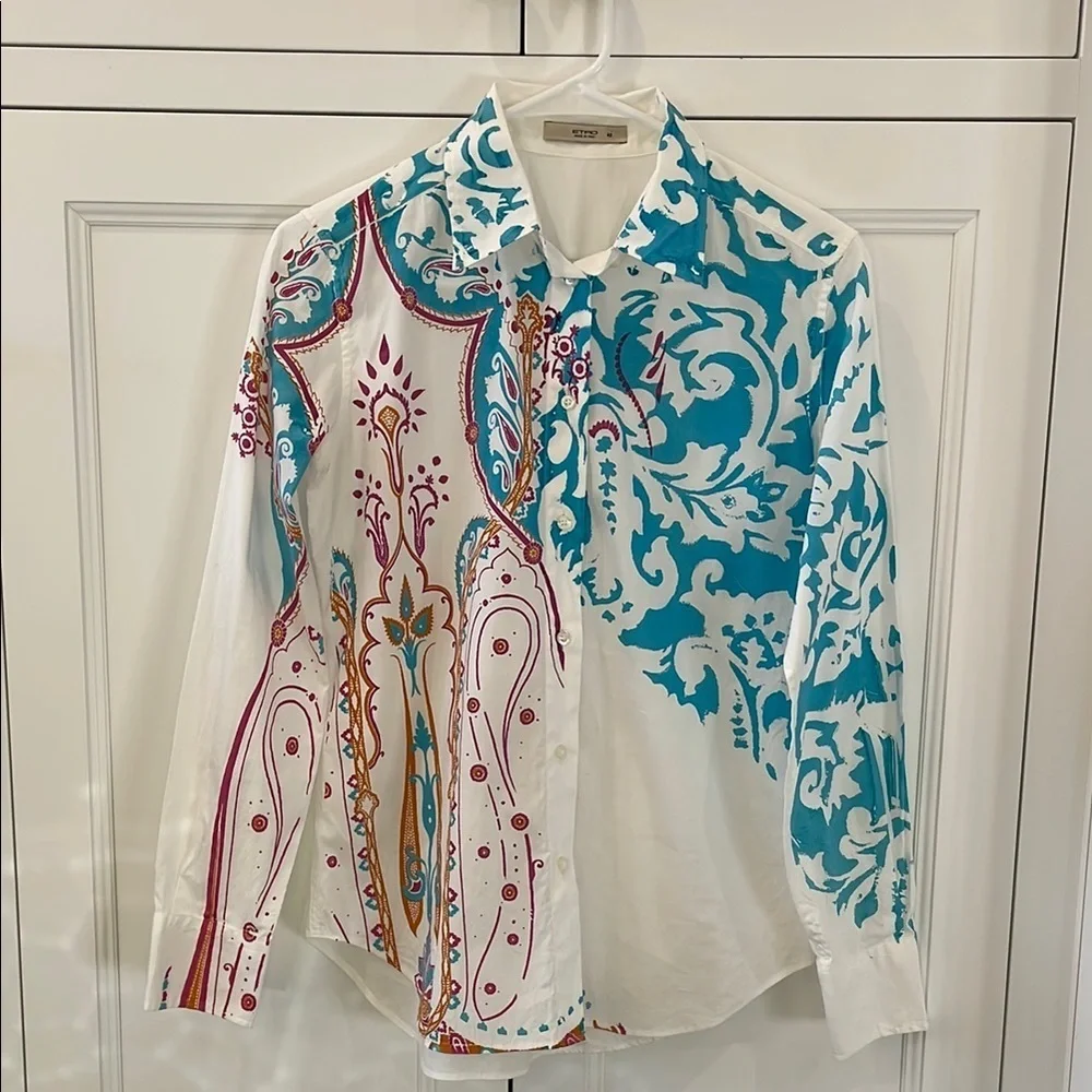 ETRO Made in Italy Turquoise/Magenta White Blouse. GORGEOUS!! Like New! Size 42 - Picture 1 of 9